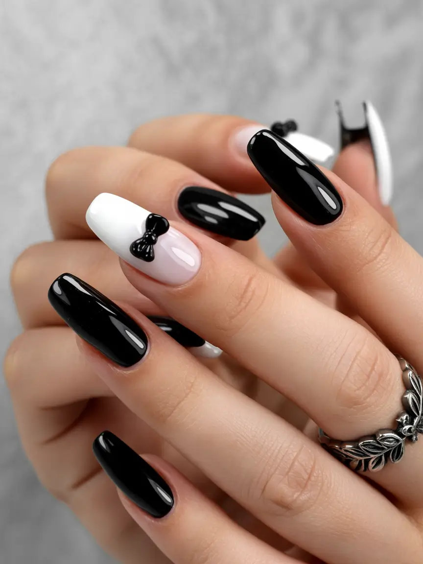 cute nails Monochrome black and white with bow detail