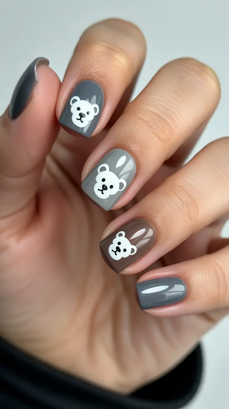 cute nails Soft gray bears for playful everyday comfort