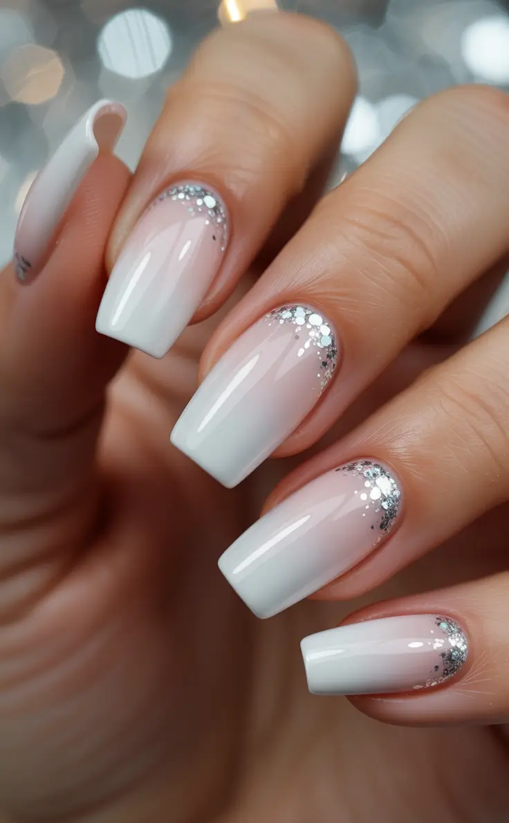 cute nails Milky white ombré with silver cuticle sparkle