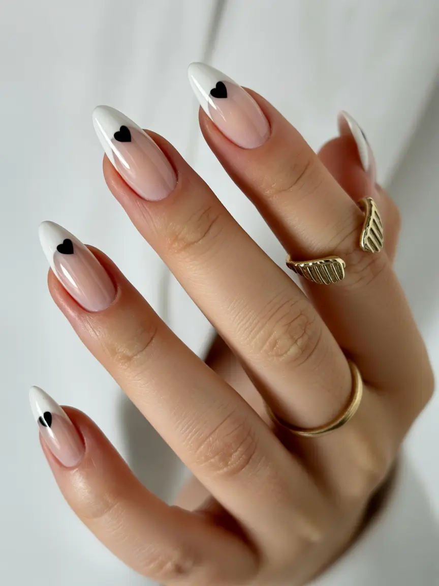 cute nails Classic French with tiny black heart accents