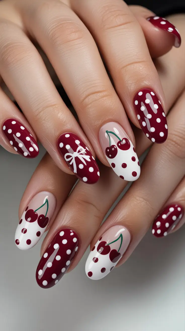 cute nails Polka dots and cherries with vintage flair