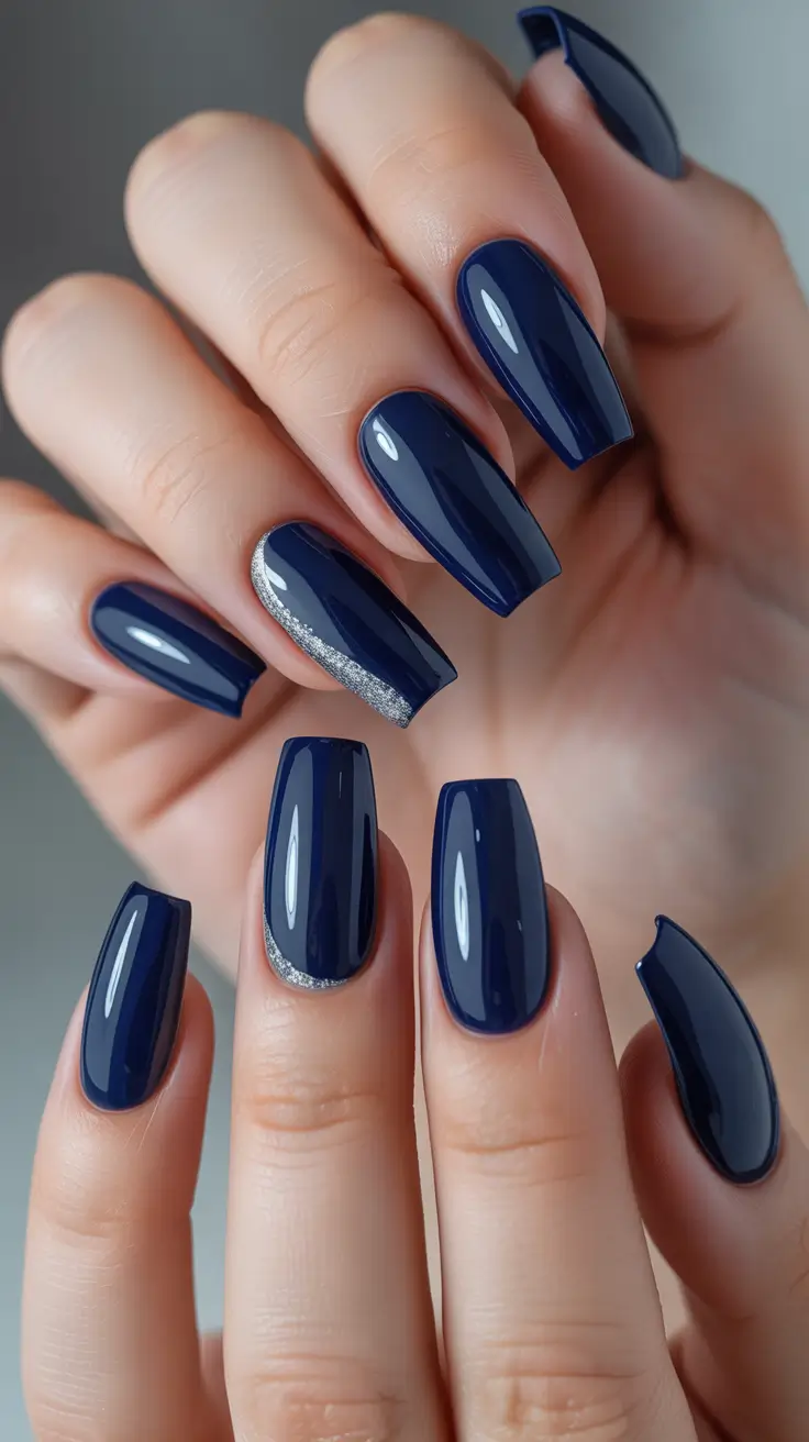 coffin nails Midnight Blue Coffin Nails With a Subtle Metallic Edge
