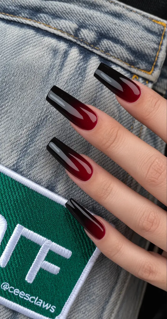 coffin nails Black to Red Ombre Coffin Nails With High Gloss Drama