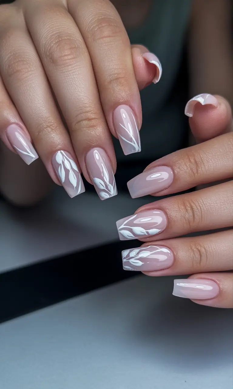 coffin nails Soft Nude Coffin Nails With Delicate White Botanical Lines