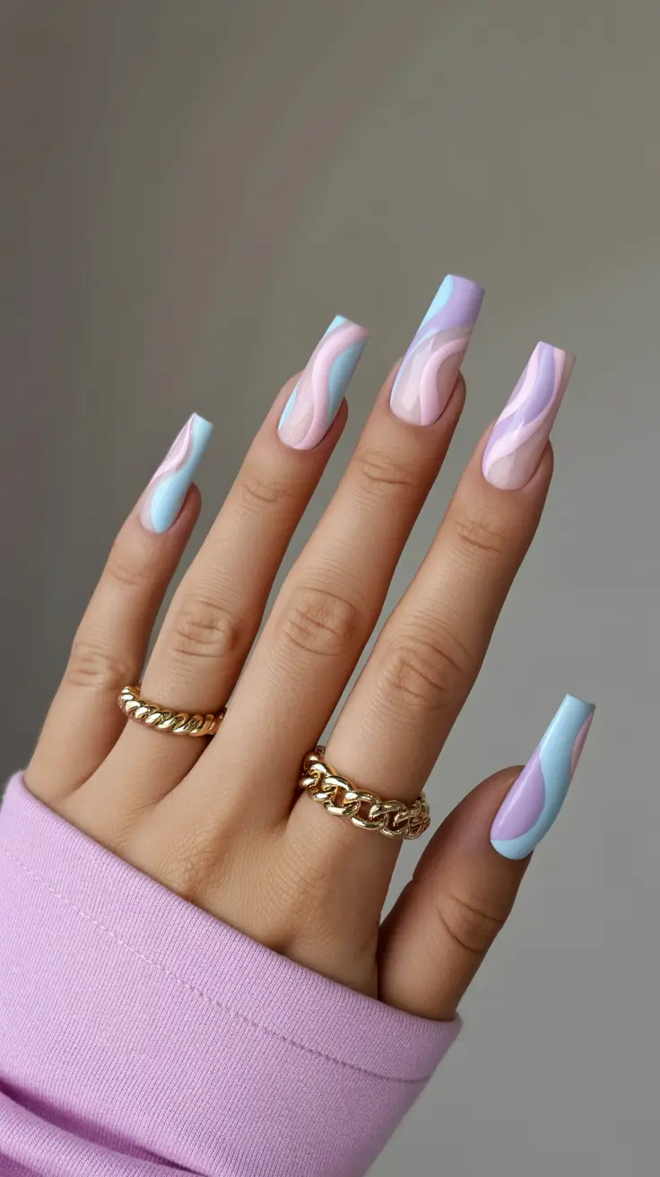 coffin nails Pastel Swirl Coffin Nails With a Playful Y2k Twist