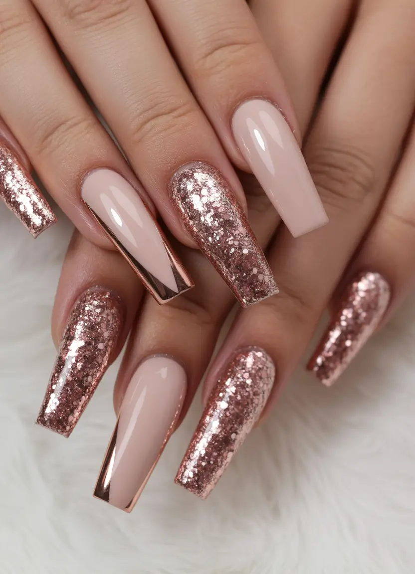 coffin nails Rose Gold Glitter Coffin Nails With Nude Balance