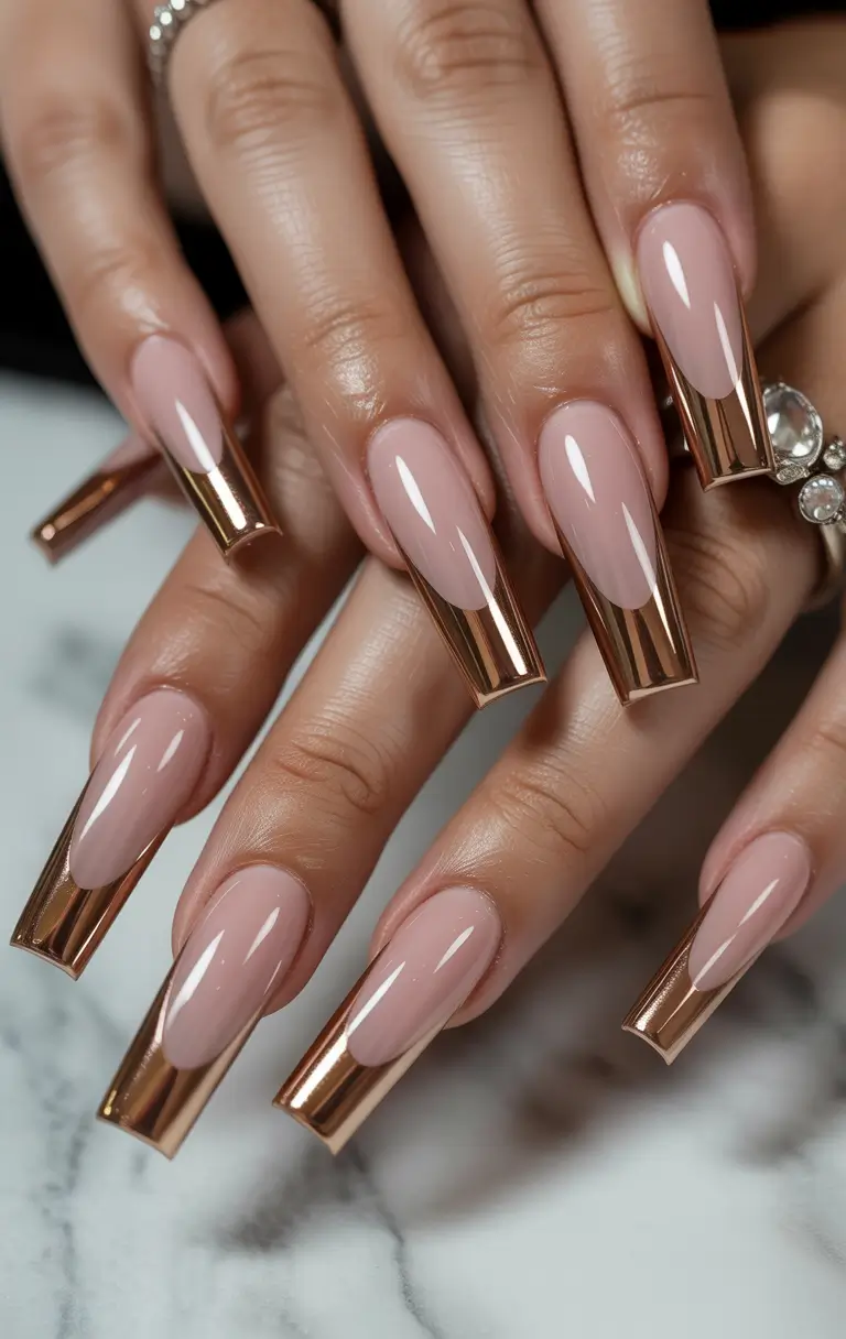 coffin nails Glossy Nude Coffin Nails With Metallic French Tips
