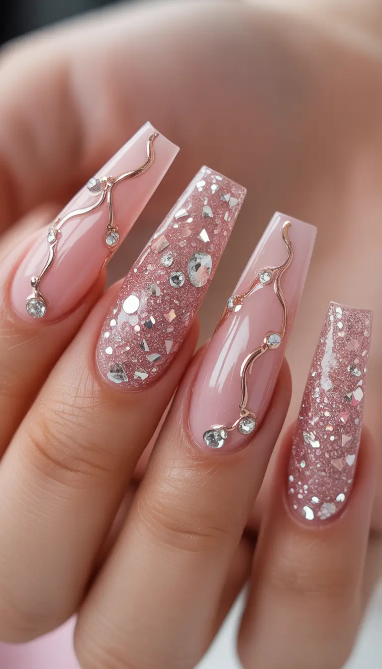 coffin nails Blush Pink Coffin Nails With Rose Gold Crystal Accents
