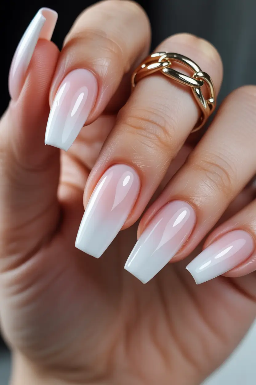 coffin nails Milky White Coffin Nails With a Soft Natural Fade