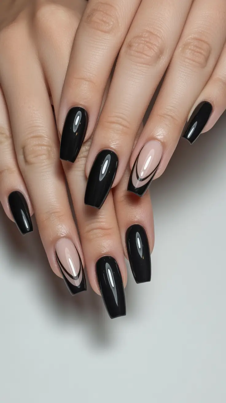 coffin nails Glossy Black Coffin Nails With Nude Graphic Lines