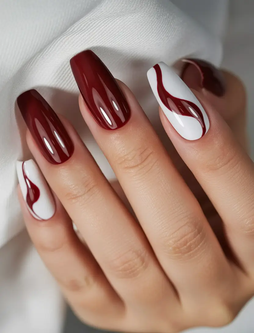 coffin nails Burgundy and White Coffin Nails With Fluid Accent Art