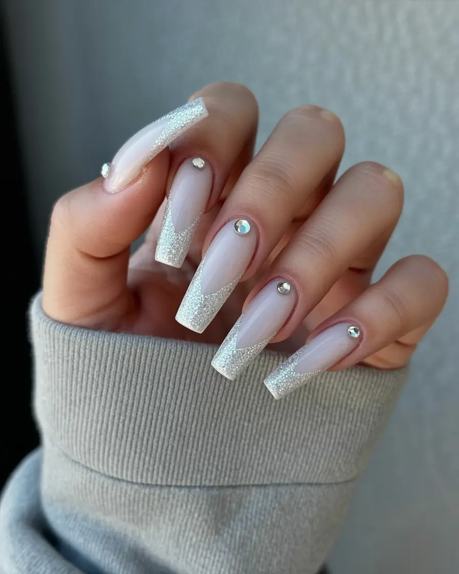 coffin nails Silver Glitter French Coffin Nails With Crystal Accents