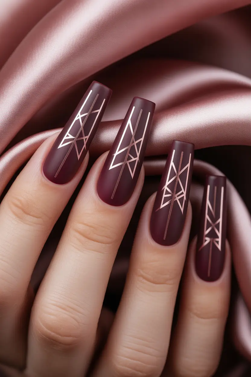coffin nails Burgundy Coffin Nails With Fine Geometric Line Art