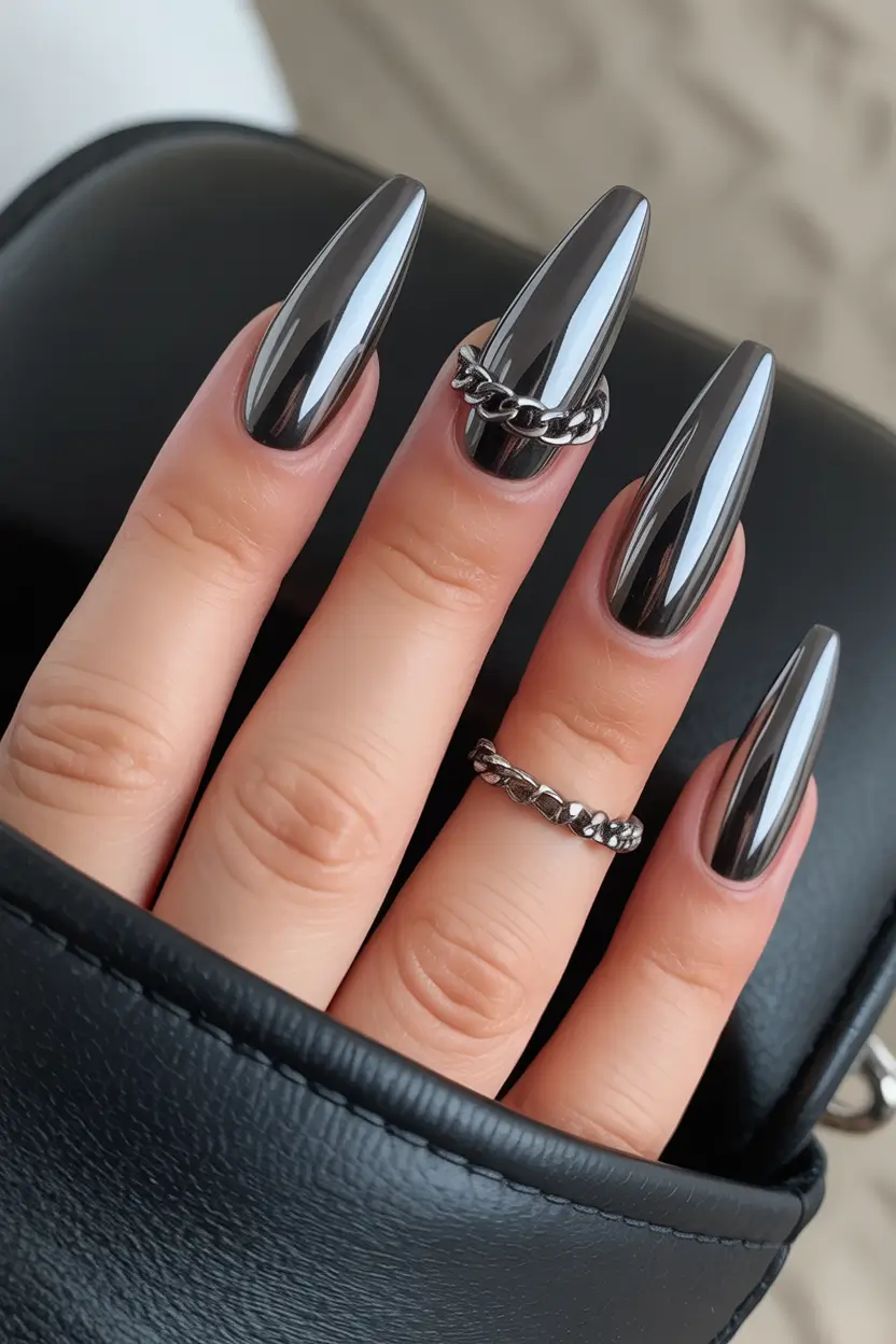 coffin nails High Gloss Black Coffin Nails With Metallic Ring Accents