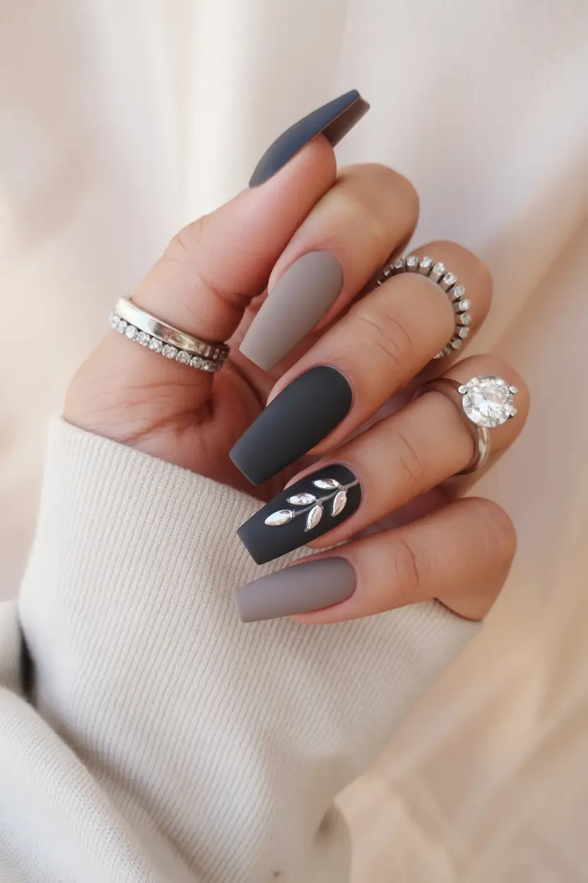 coffin nails Matte Charcoal Coffin Nails With Soft Taupe Contrast