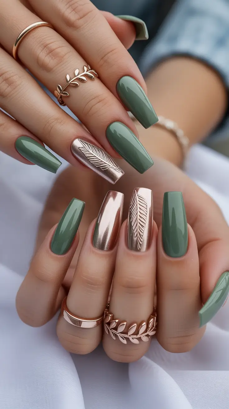 coffin nails Sage Green Coffin Nails With Metallic Botanical Accents