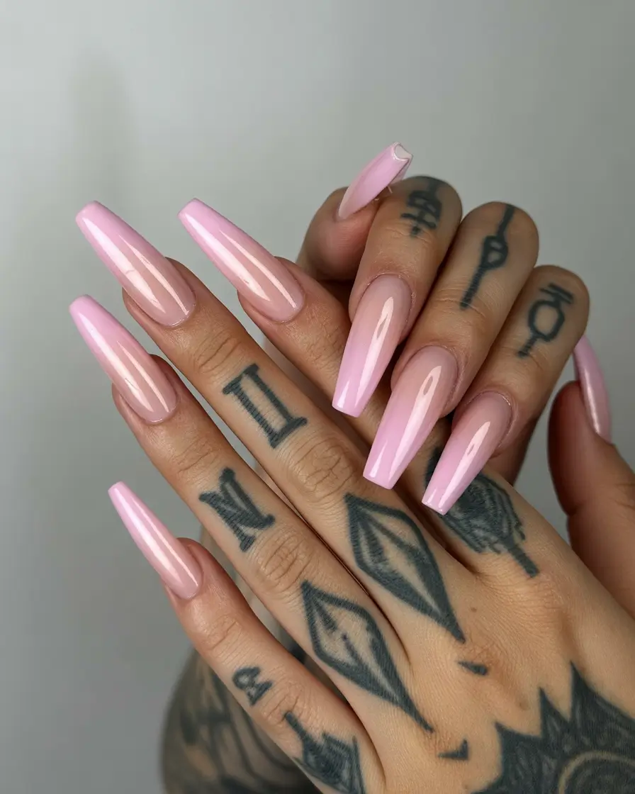 coffin nails Glossy Light Pink Coffin Nails With a Clean Minimal Finish