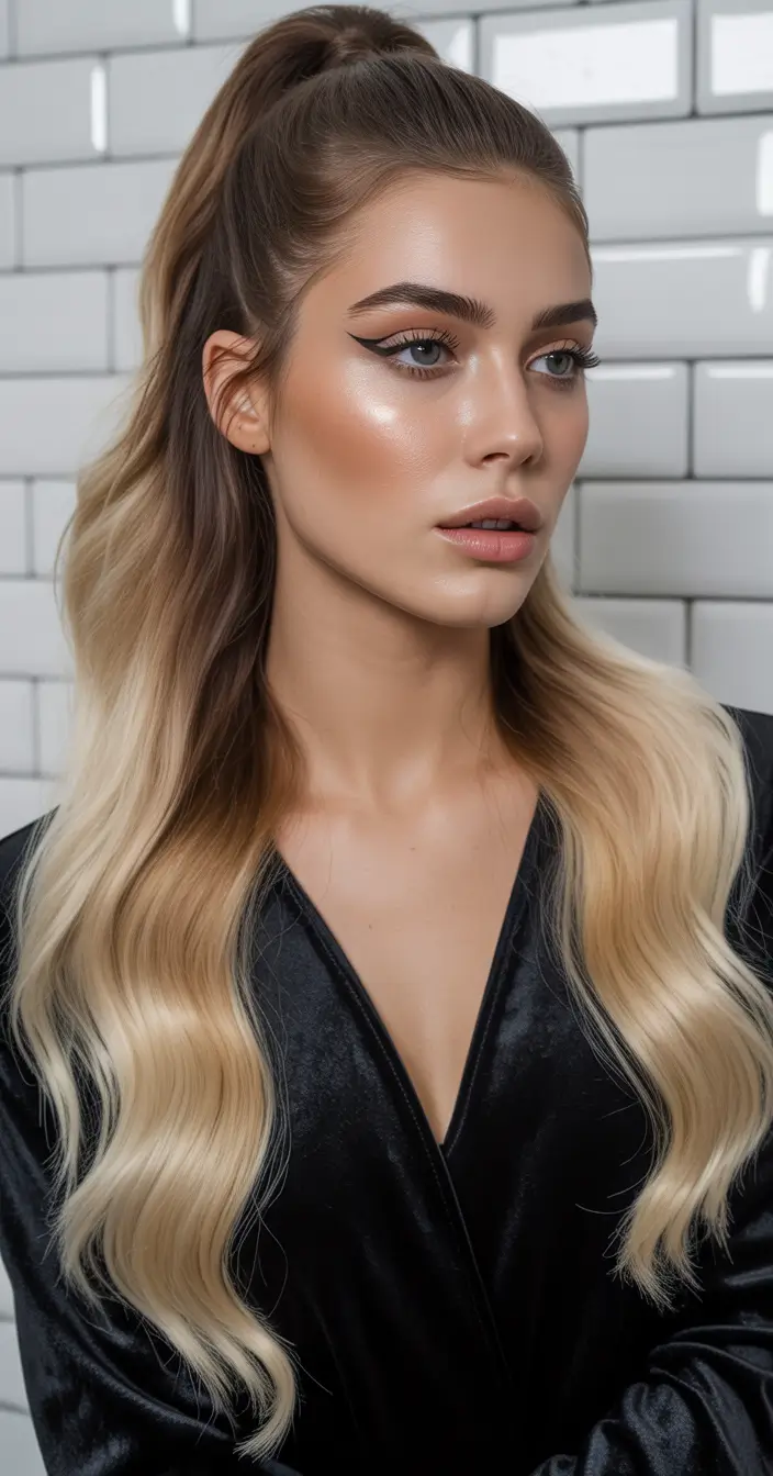 cute hairstyle High-Gloss Ombre Waves With a Sleek Up-Twist