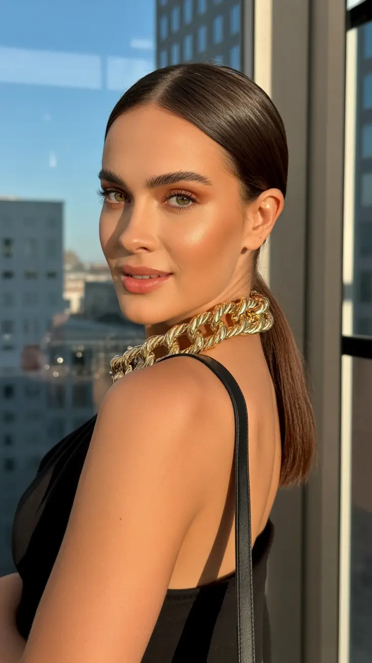 cute hairstyle Sleek Low Pony With a High-Shine Finish