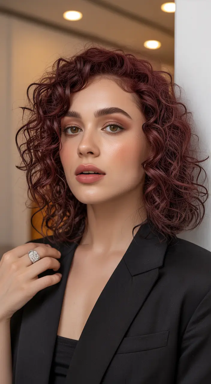 cute hairstyle Berry-Toned Short Curly Bob With Lively Texture