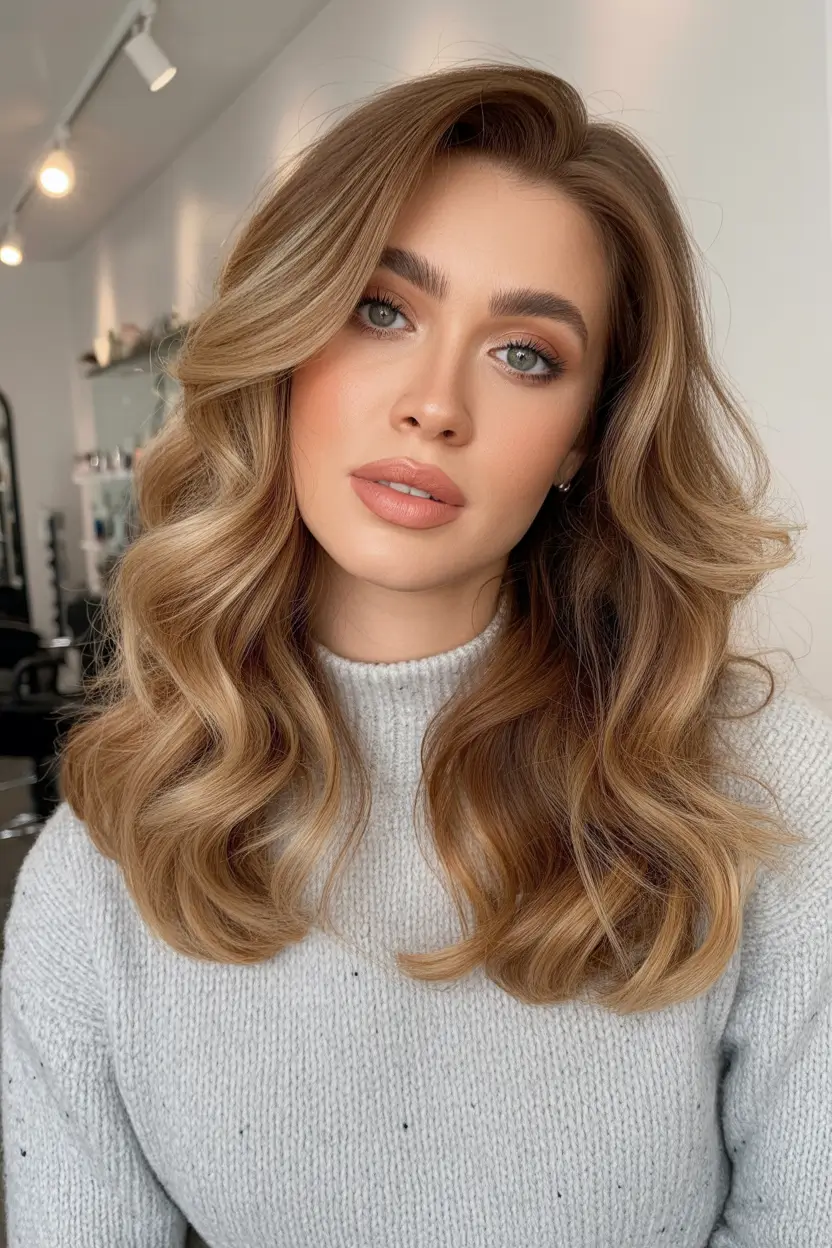 cute hairstyle Soft Chestnut Waves With Subtle Contour Highlights
