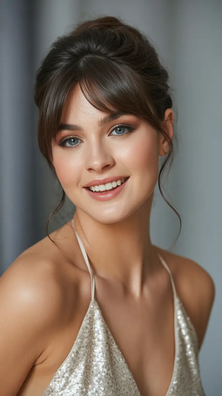 cute hairstyle Soft Updo With Wispy Curtain Bangs