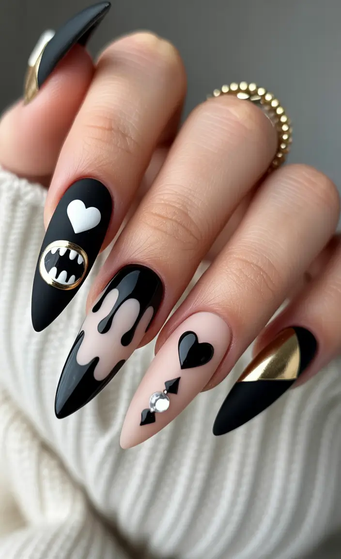 gel nails Dark Romance With Matte Black and Graphic Details