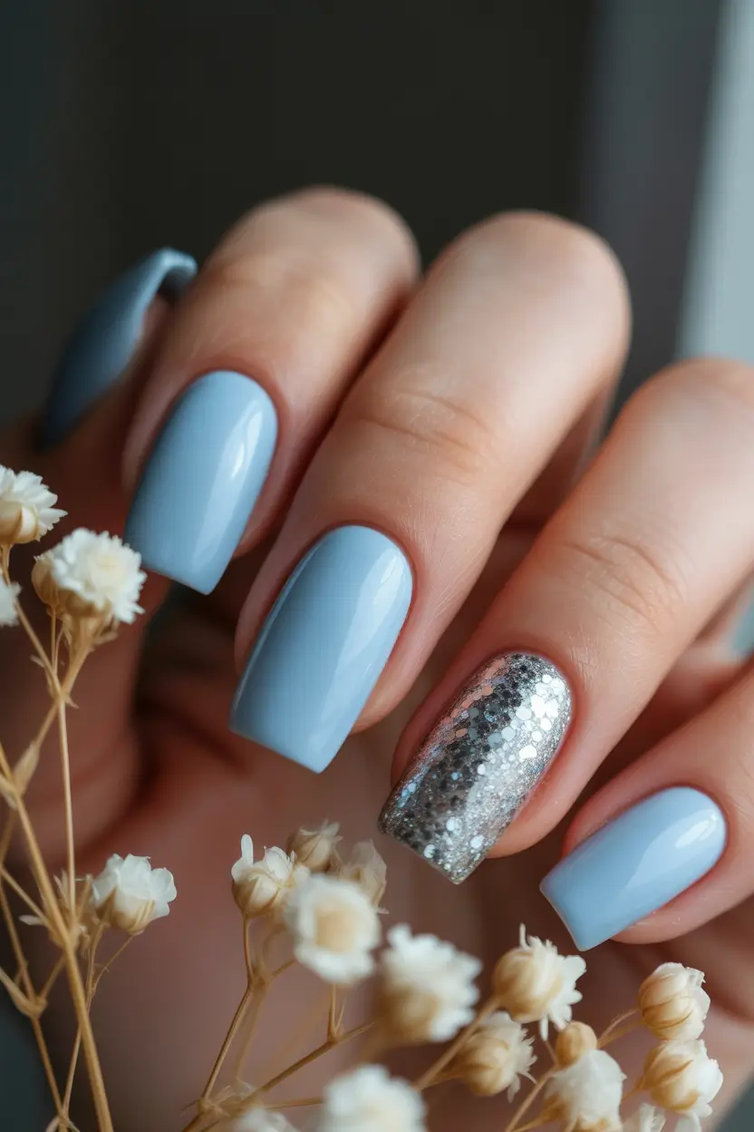 gel nails Powder Blue Gel With a Subtle Glitter Accent
