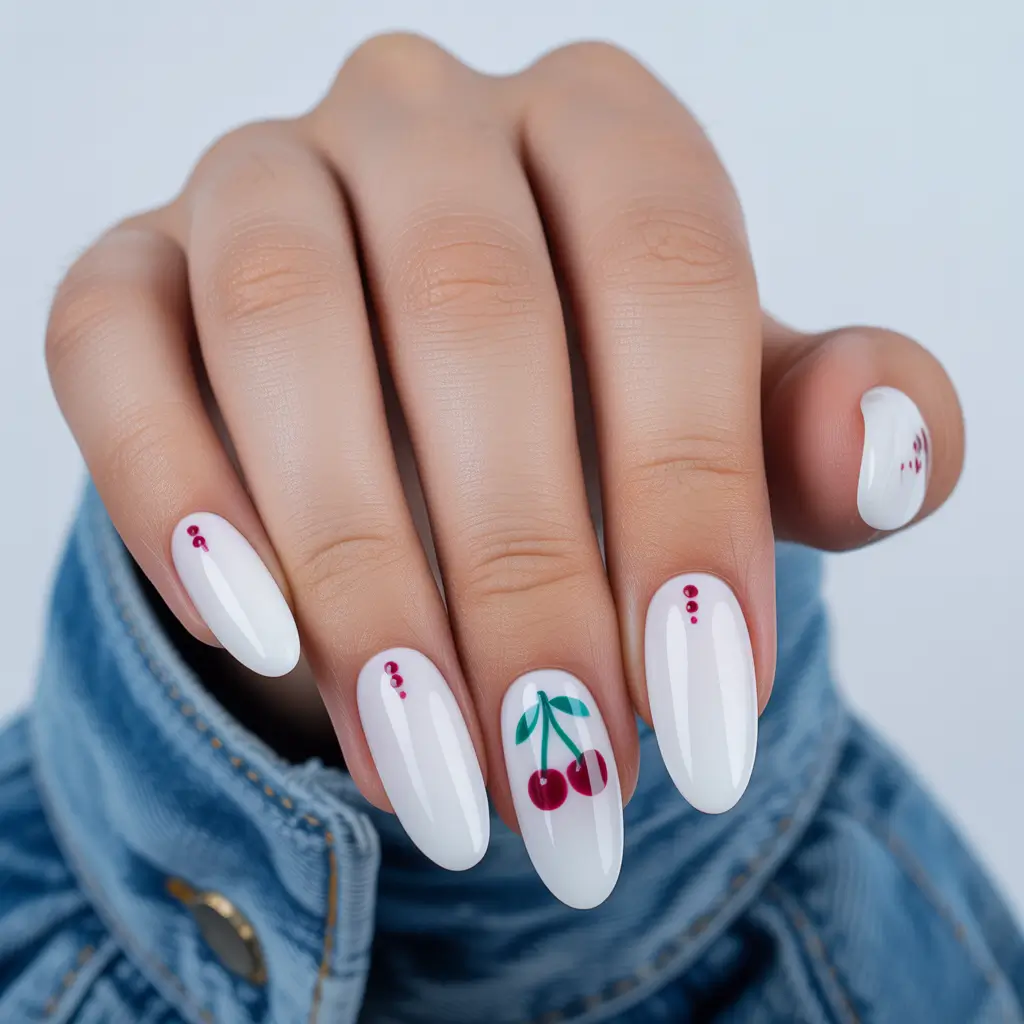 gel nails White With Cherry Art Designs