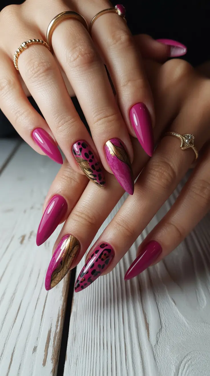 gel nails Glossy Pink With Leopard Accents and Metallic Touches