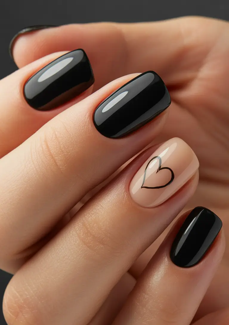 gel nails Black And Nude Heart Art Designs