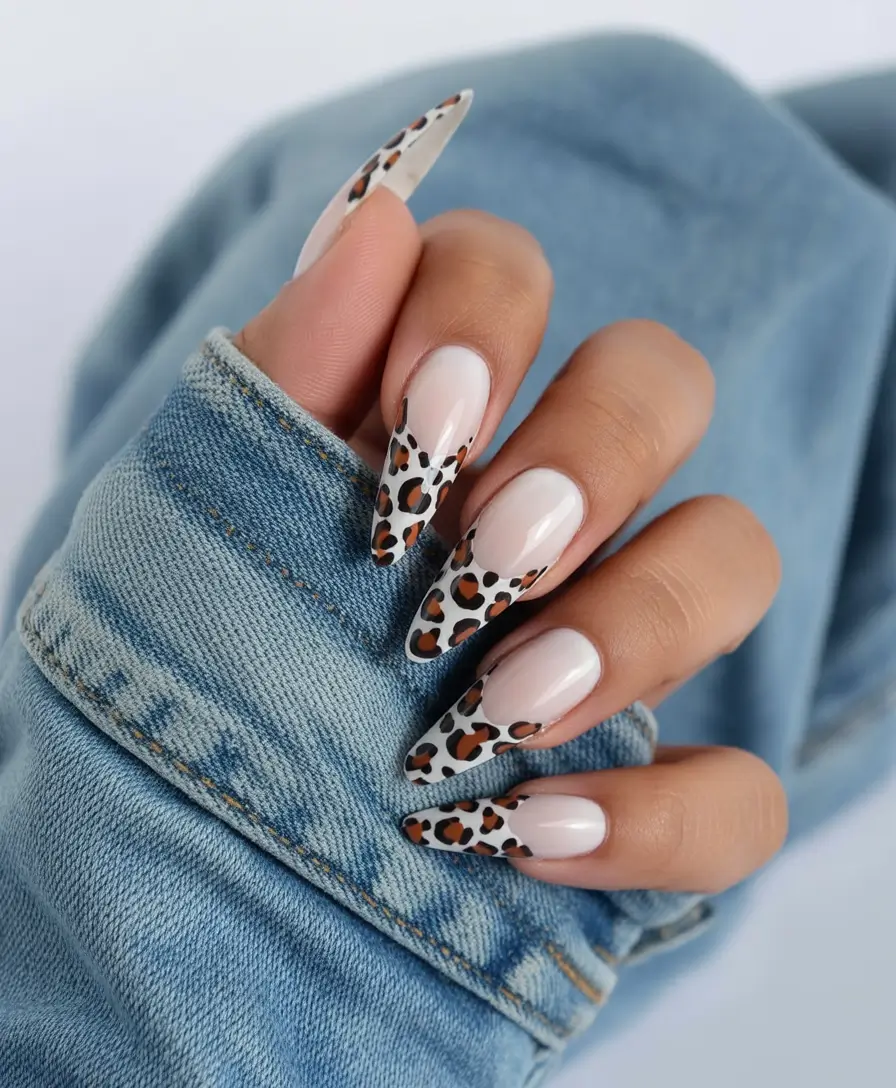 gel nails Soft Nude Base With Leopard French Tips