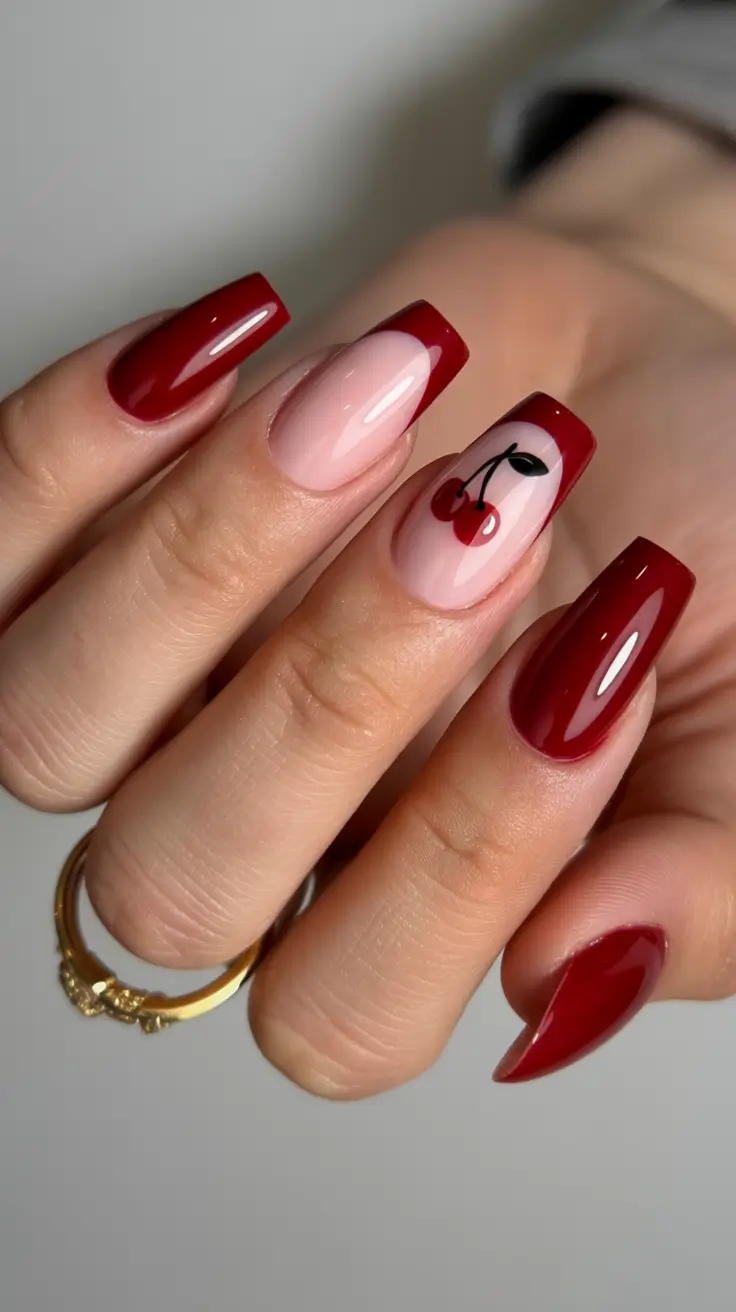 gel nails Classic Red With Minimal Cherry Art
