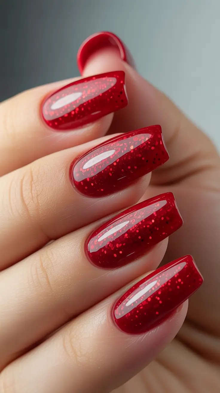 gel nails Glittering Red Gel With Depth and Shine