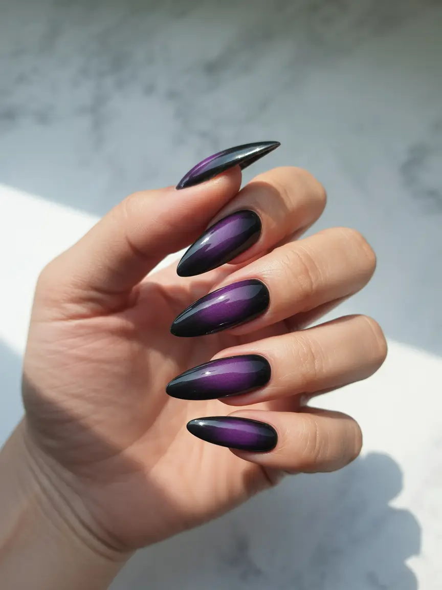 gel nails Deep Violet Chrome With a Night Sky Finish