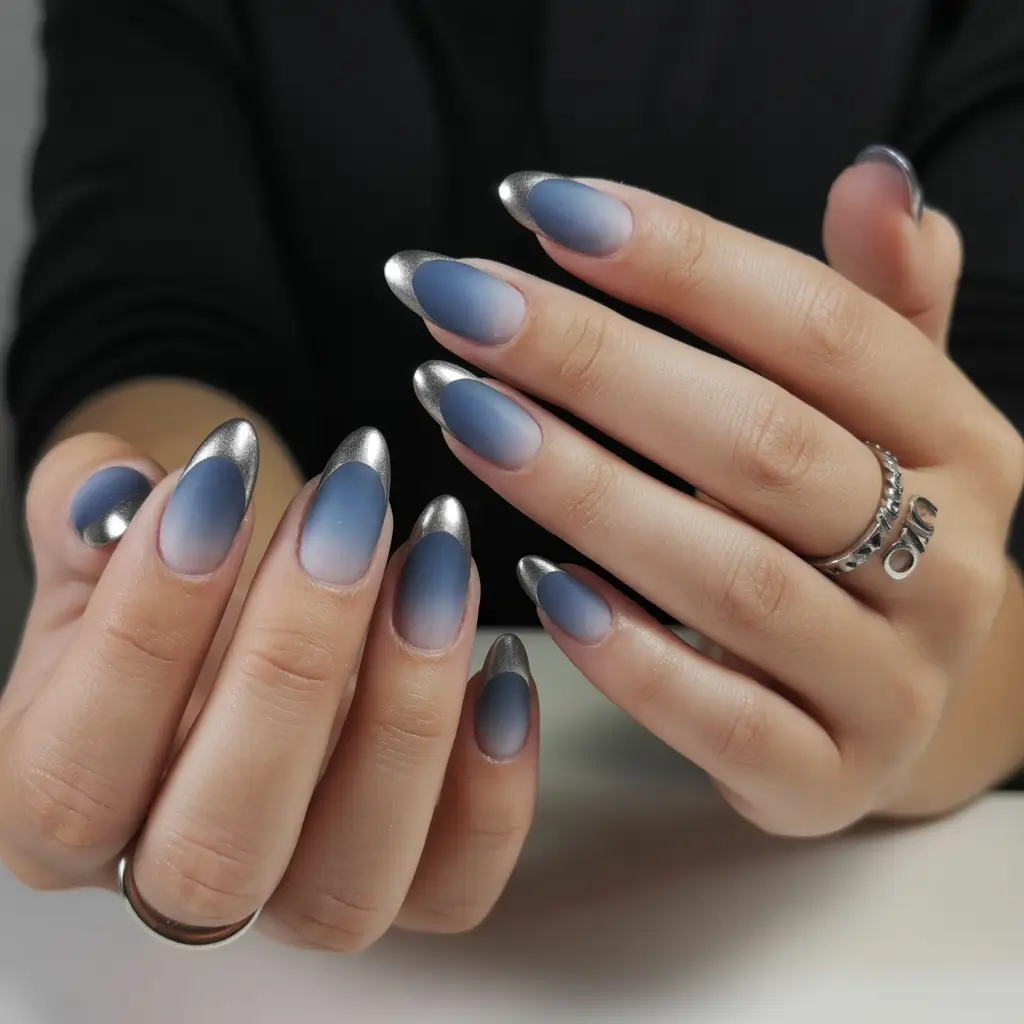 gel nails Soft Blue Gradient With Metallic French Tips