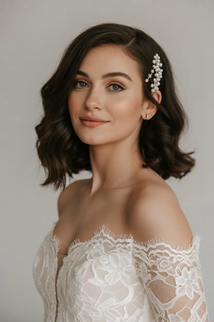 hairstyle for medium length hair Classic Bridal Bob With Pearl Accent