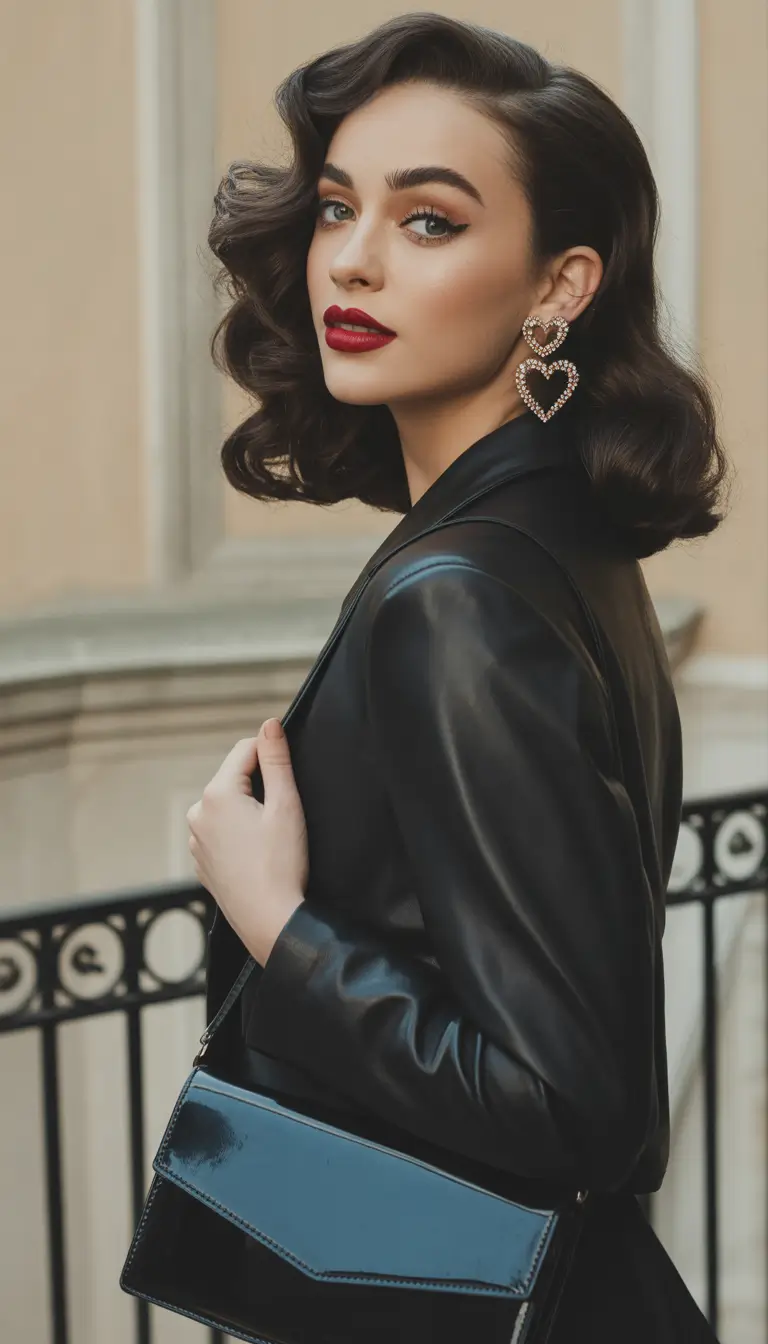hairstyle for medium length hair Retro Curled Bob With Bold Red Lip Energy