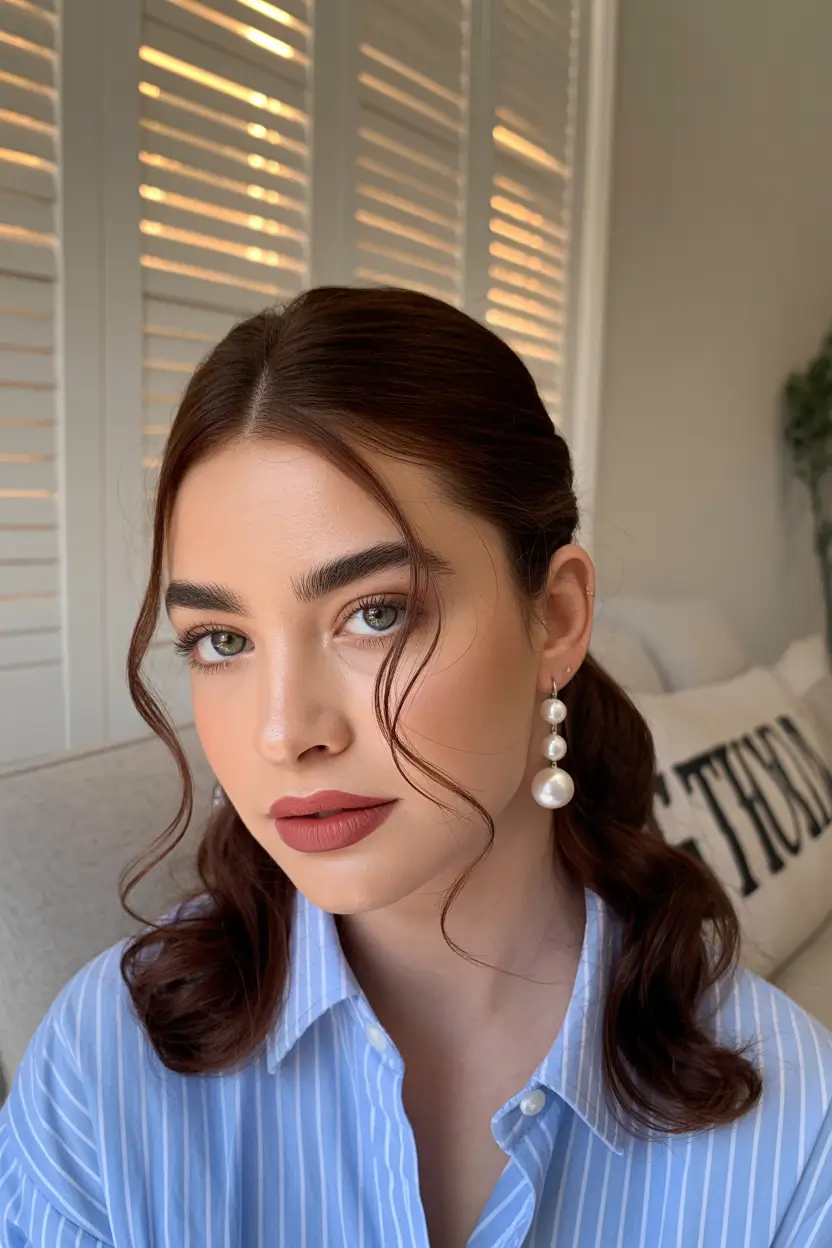 hairstyle for medium length hair Soft Center-Parted Low Pony With Gentle Front Curls