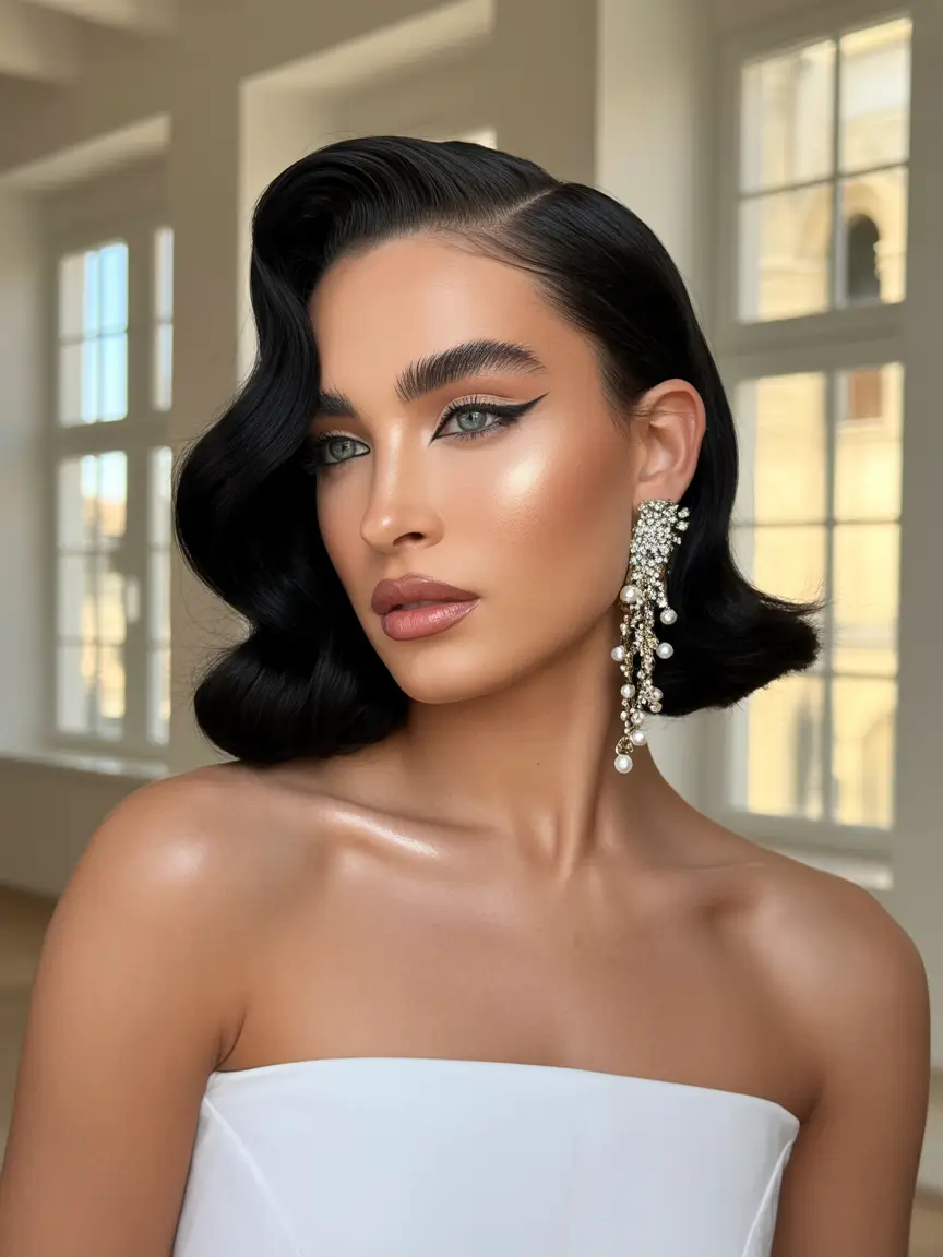 hairstyle for medium length hair Classic Jet-Black Wavy Bob With Deep Side Part