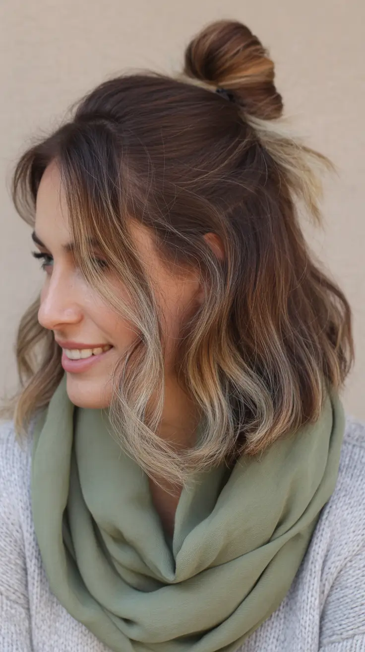 hairstyle for medium length hair Half-Up Soft Bun With Face-Framing Highlights