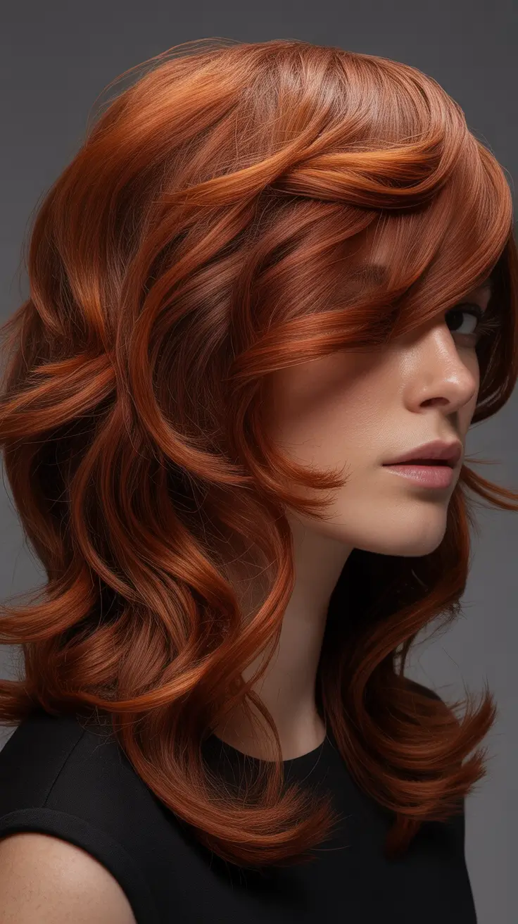 hairstyle for medium length hair Layered Copper Waves With Side-Swept Movement