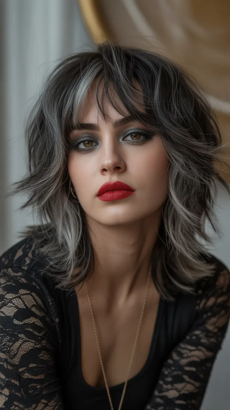 hairstyle for medium length hair Smoky Silver Shag With Textured Bangs