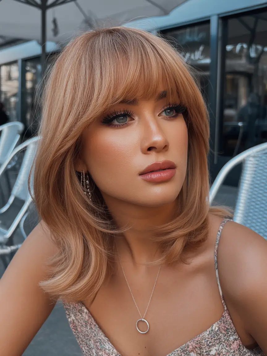 hairstyle for medium length hair Golden Apricot Blowout With Soft Full Fringe