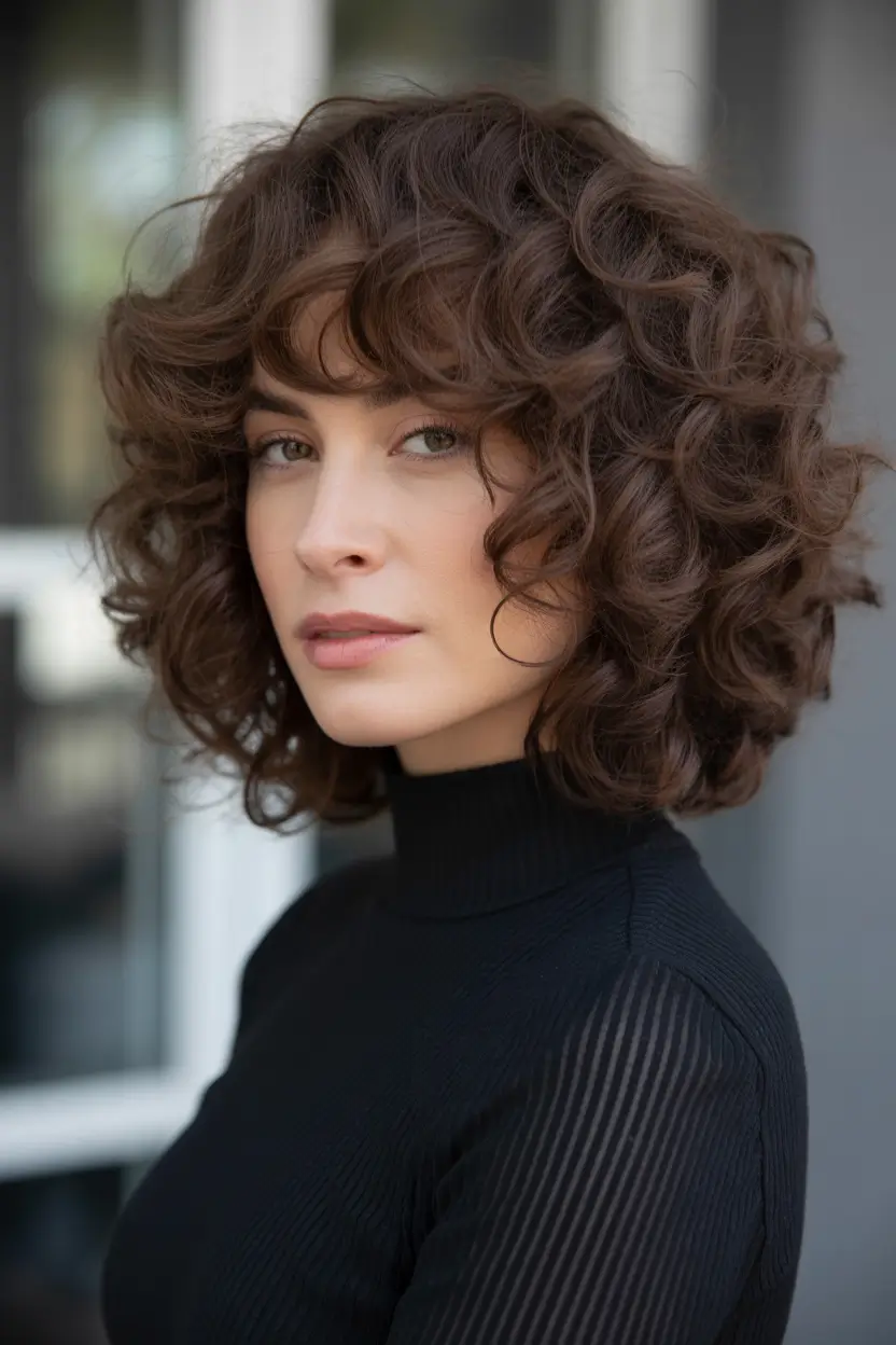 hairstyle for medium length hair Rounded Curly Bob With Micro Fringe