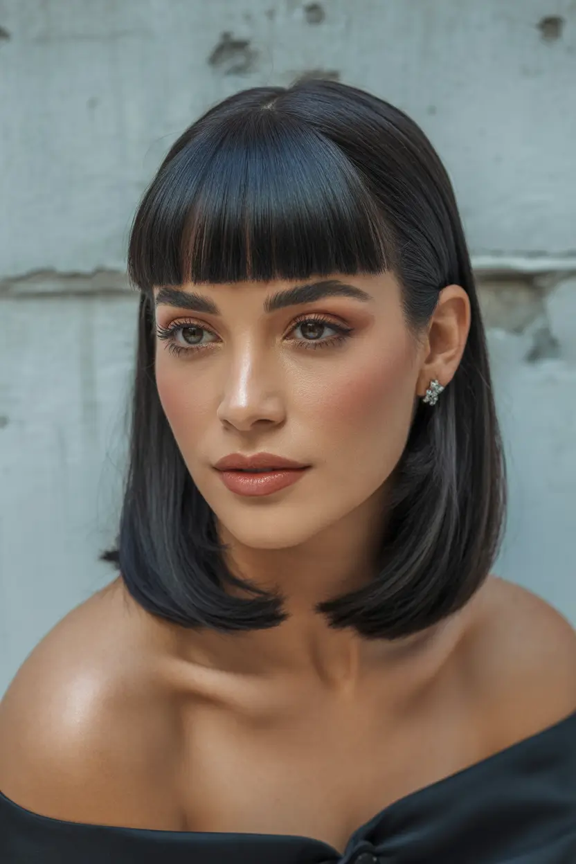 hairstyle for medium length hair Sleek Midnight Bob With Blunt Baby Bangs