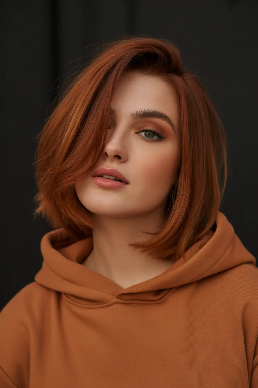 hairstyle for medium length hair Copper-Toned Side-Swept Medium Bob