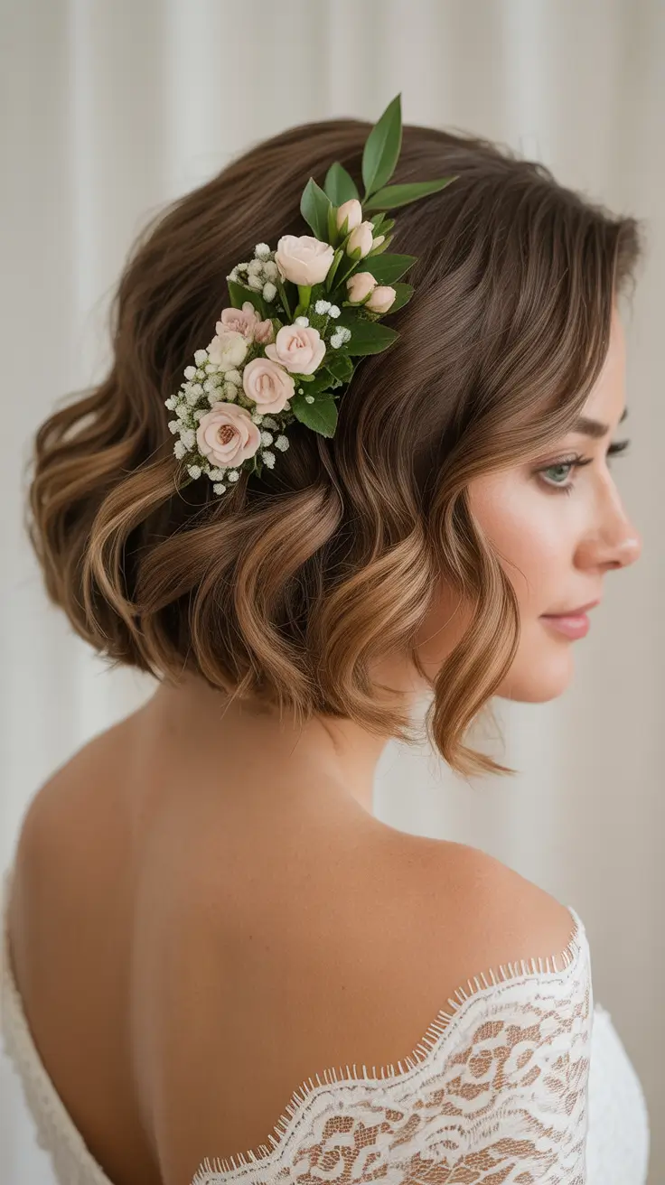 hairstyle for medium length hair Soft Bridal Bob With Rose Cluster Accent