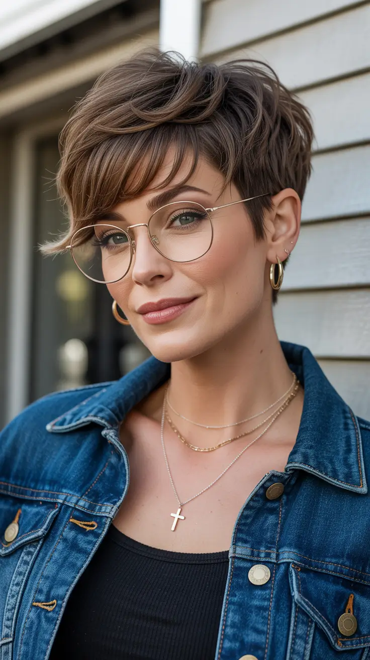 pixie haircut Layered-Brunette-Pixie-with-Soft-Highlights