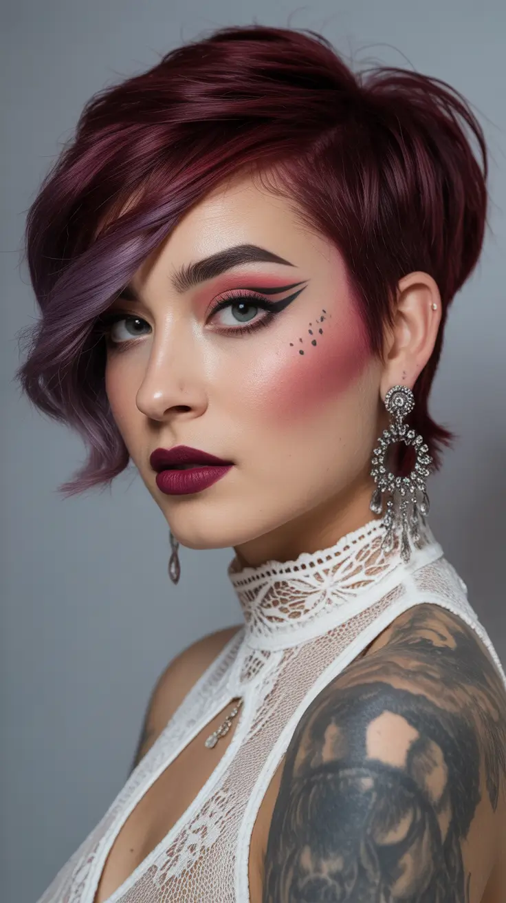 pixie haircut Deep-Ruby-Side-Swept-Pixie-with-Vivid-Shine